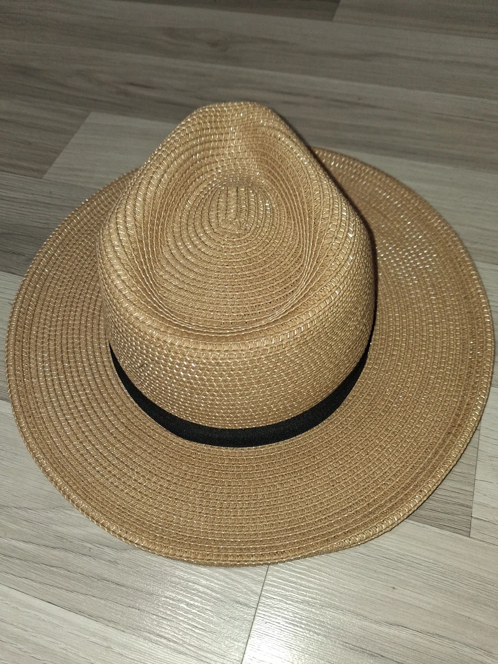 Wide-Brim Straw Fedora Hat with Black Band - Tan